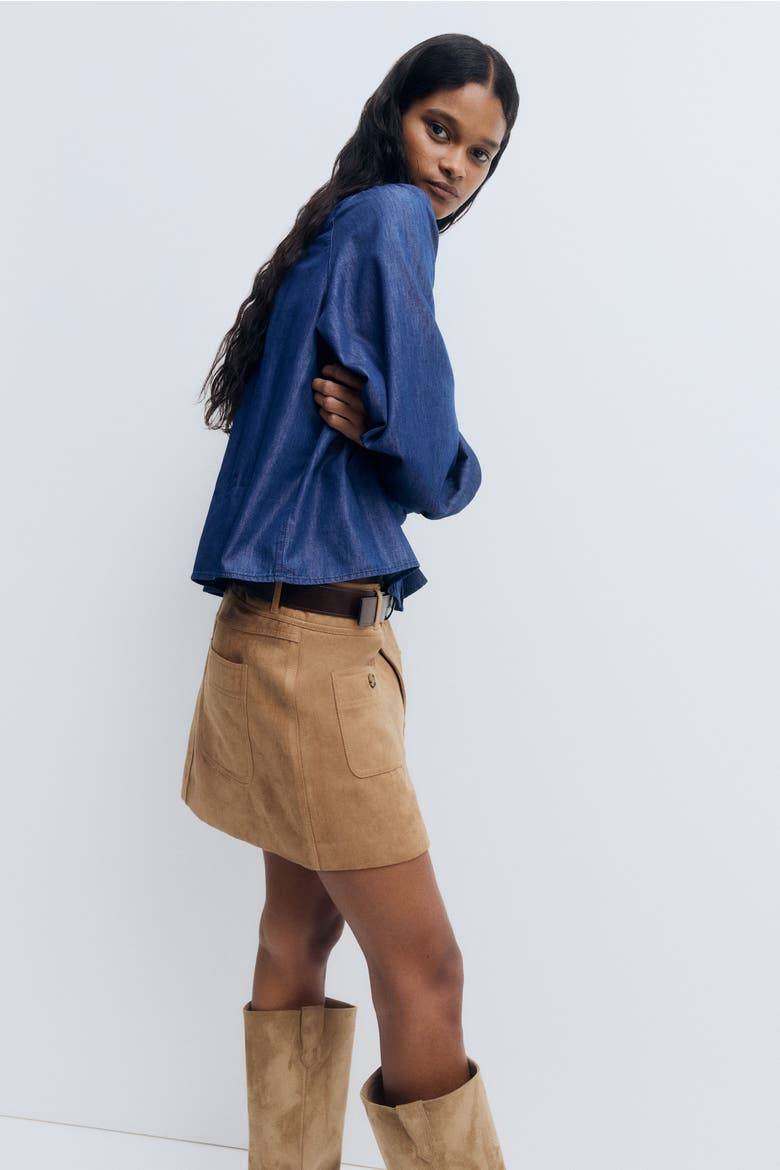 Frill-trimmed Denim Blouse, Alternate, color, Dark denim blue