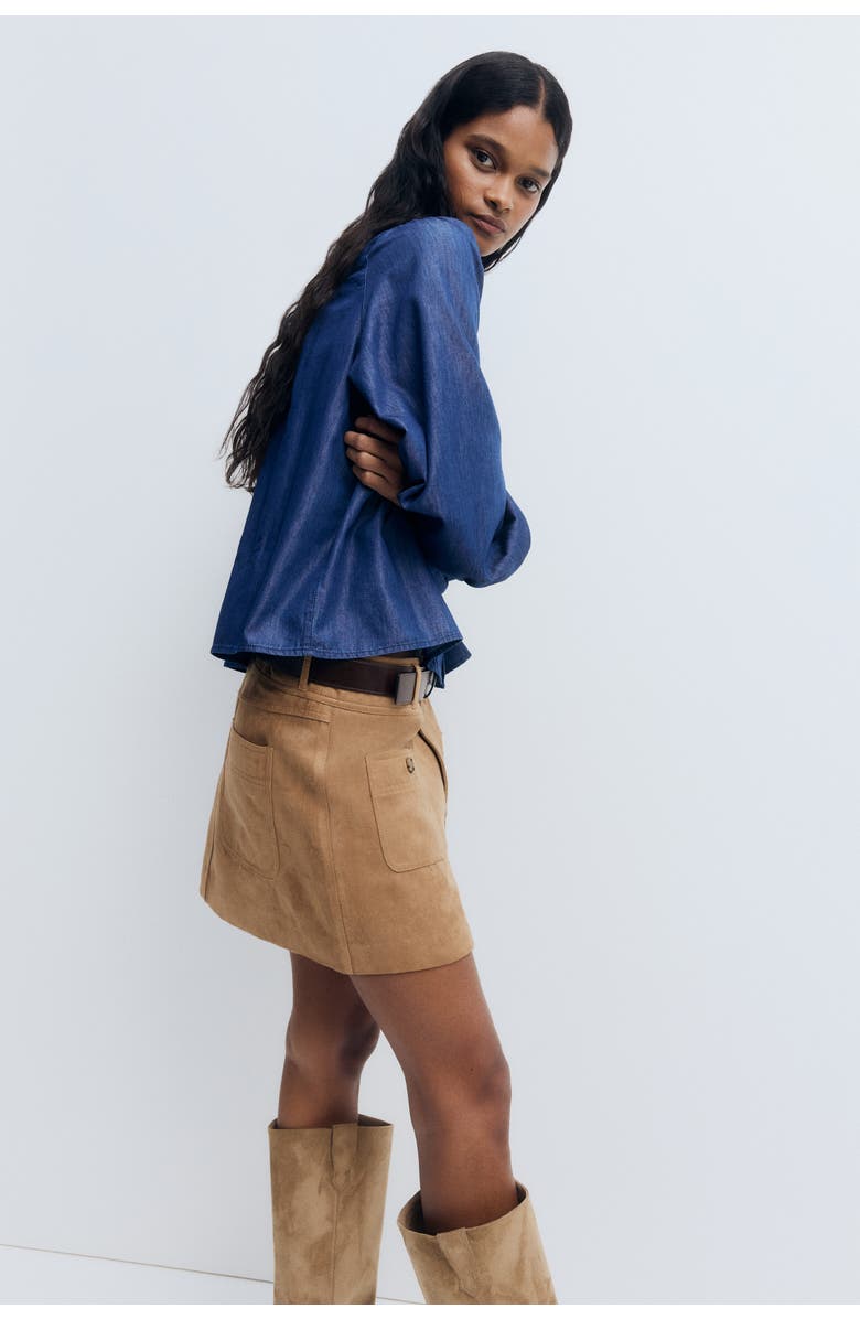 H&M Frill-trimmed Denim Blouse, Alternate, color, Dark Denim Blue