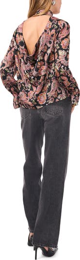 Paisley Print Open Back Mock Neck Top