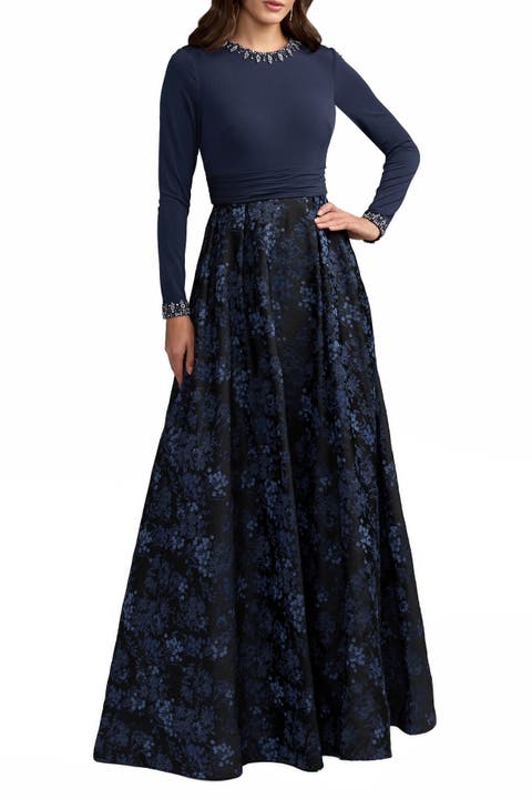 Floral Brocade A-Line Gown With Pockets