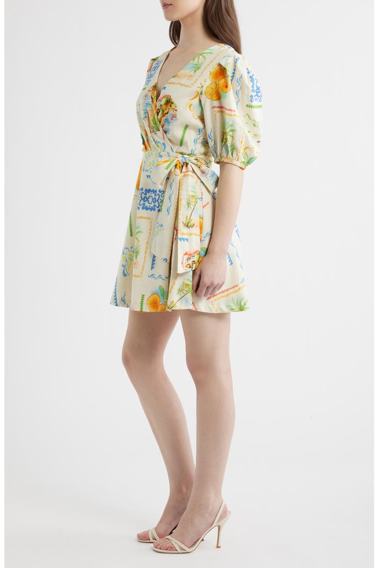 Caterina Postcard Print Linen & Cotton Wrap Minidress, Alternate, color, POSTCARD