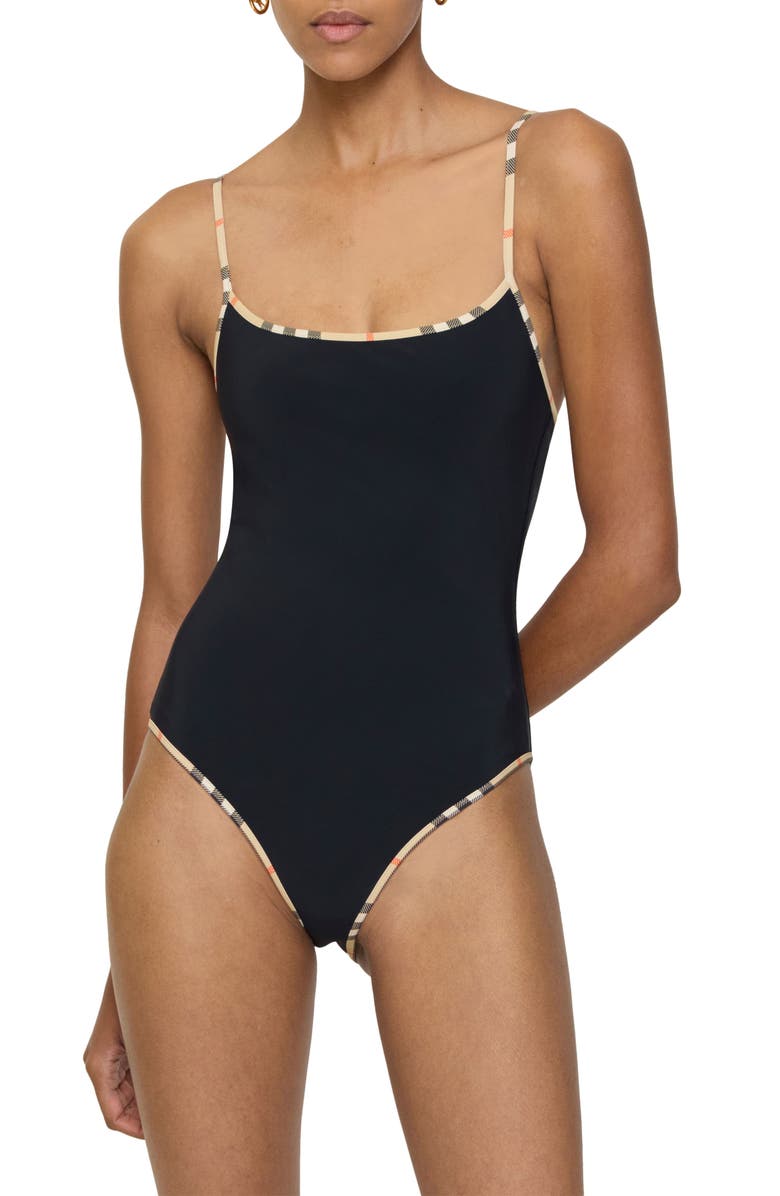 Burberry Sylvia Check Trim One-Piece Swimsuit, Alternate, color, Black