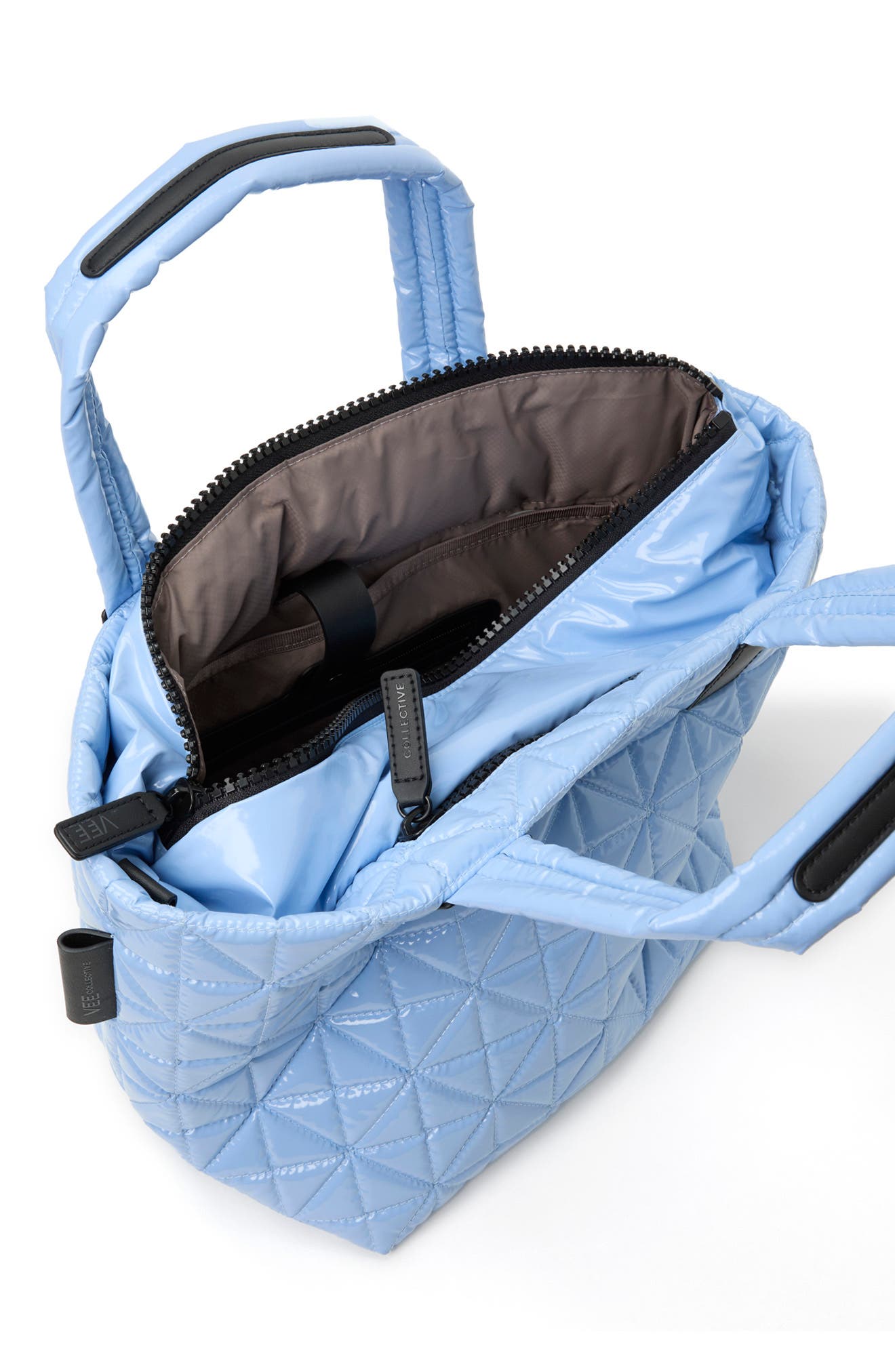 VeeCollective Small Vee Quilted Recycled Nylon Tote, Alternate, color, Cerulean Vinyl