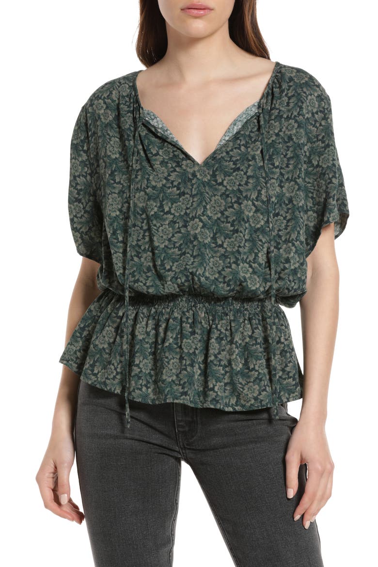 Shirred Split Neck Blouse, Main, color, NAVY- GREEN TAPESTRY