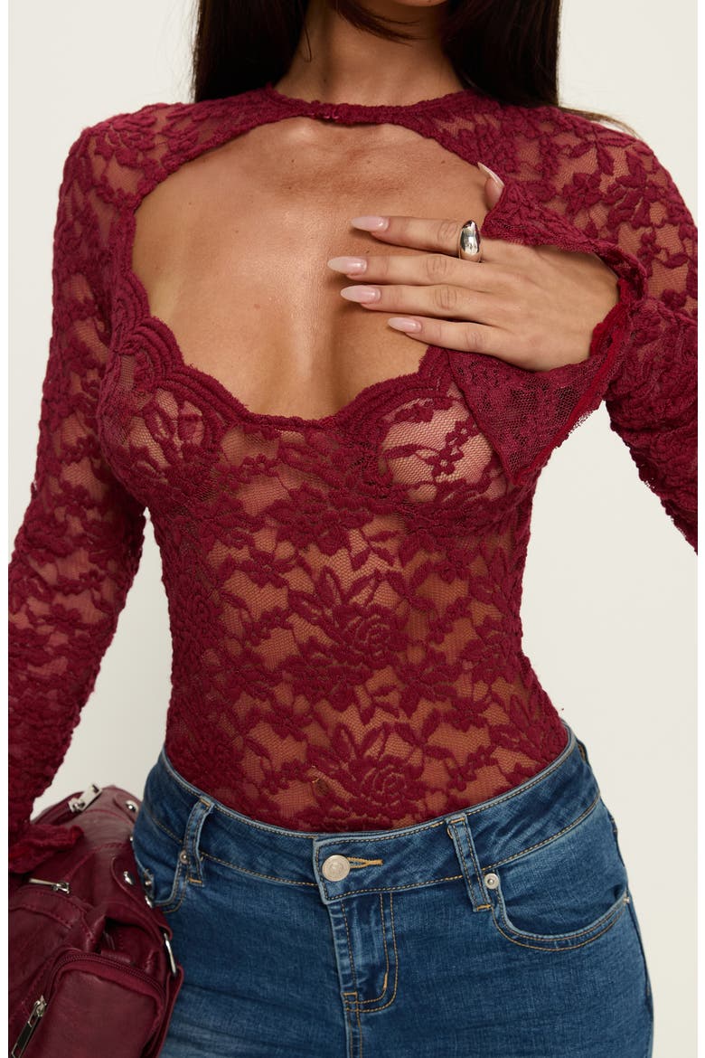 Giallo Long Sleeve Lace Bodysuit, Alternate, color, BURGUNDY