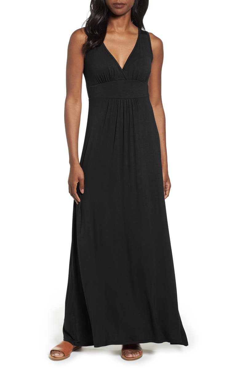 Loveappella V-Neck Jersey Maxi Dress, Main, color, Black