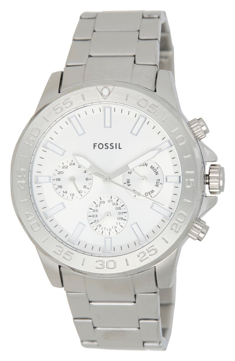 Fossil Bannon Multifunction Stainless Steel Watch, Main, color, Silver