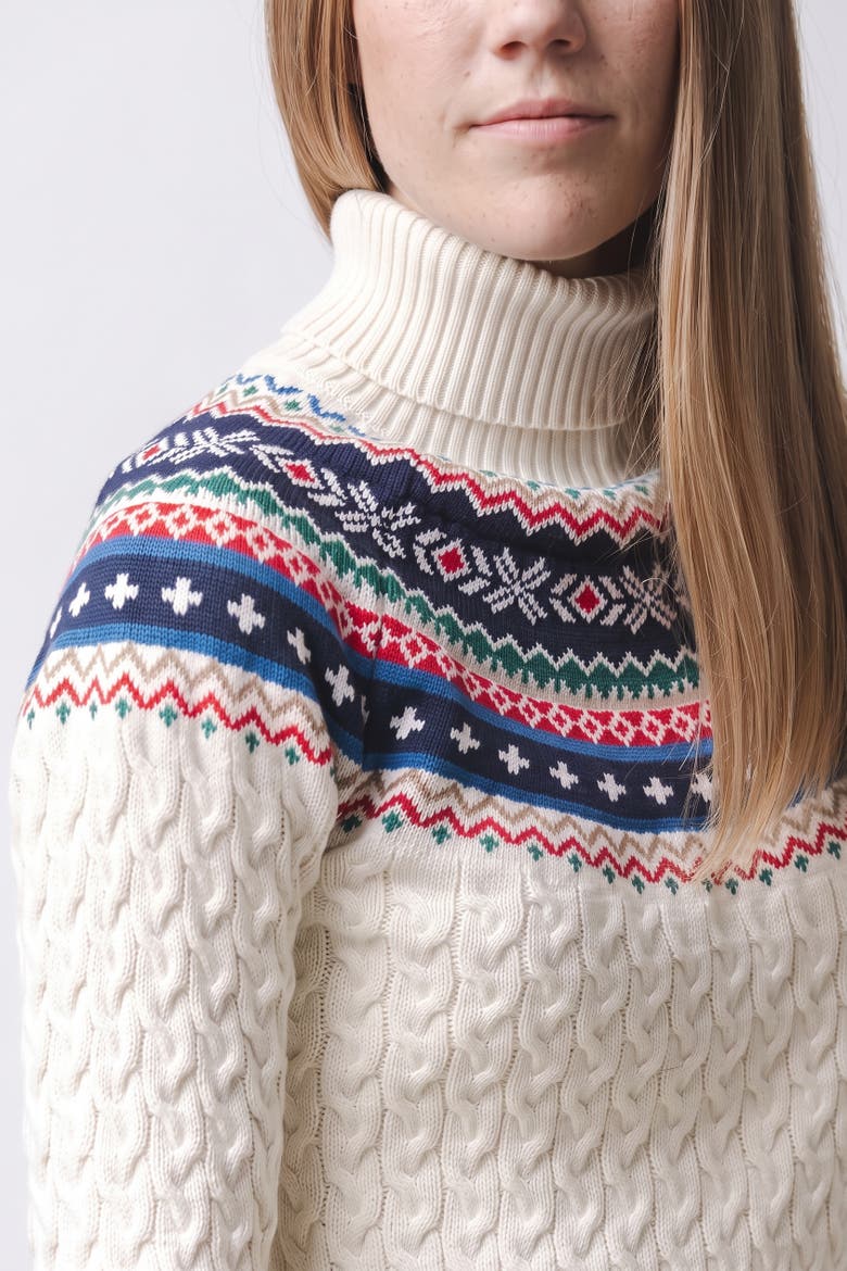 Women's Organic Cotton Turtleneck Cable Sweater, Alternate, color, Ivory and Multi Fair Isle