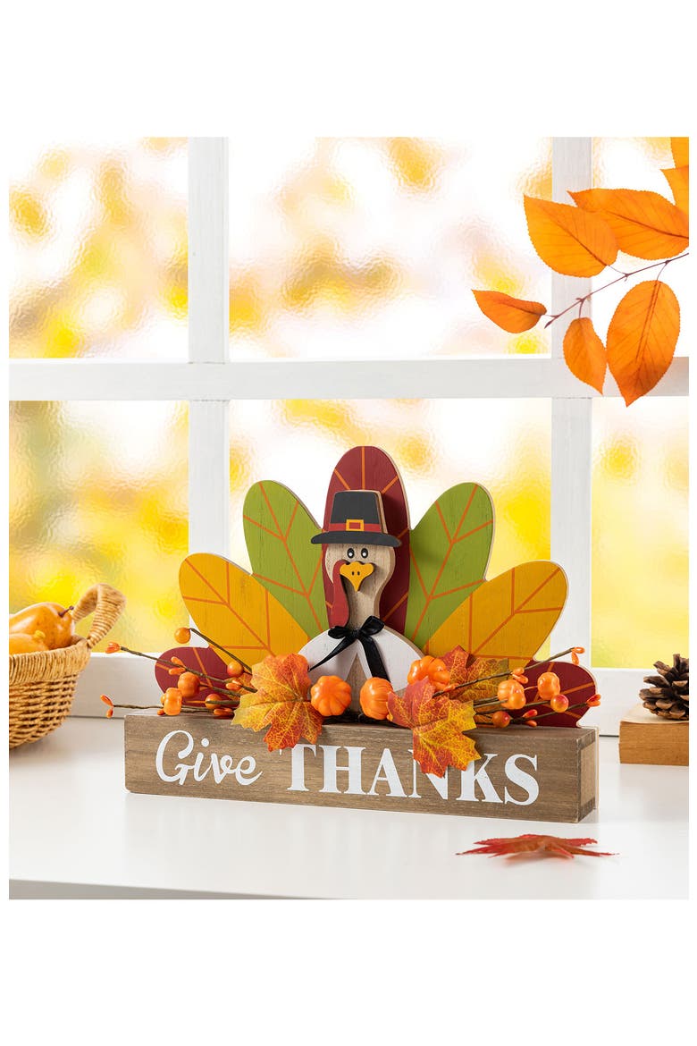 Thanksgiving Wooden Pilgrim or Turkey Table Block Sign, Alternate, color, Brown