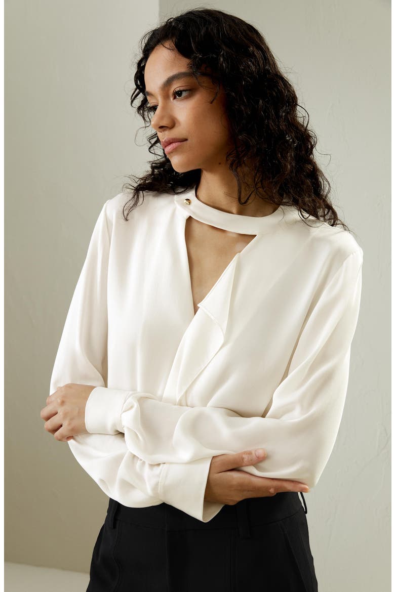 V Neck Collared Silk Shirt, Alternate, color, Pearl white