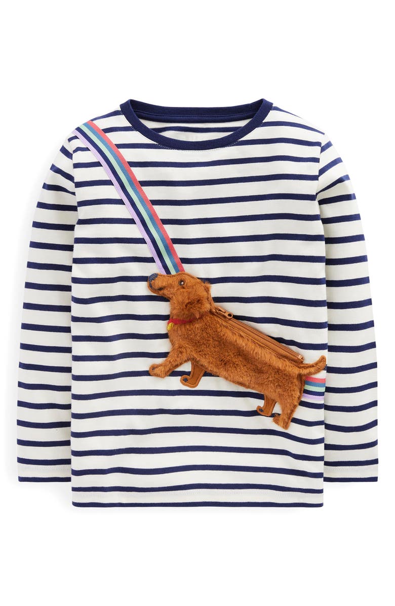 Mini Boden Kids' Stripe Pup Pocket Appliqué Long Sleeve Cotton T-Shirt, Main, color, 
