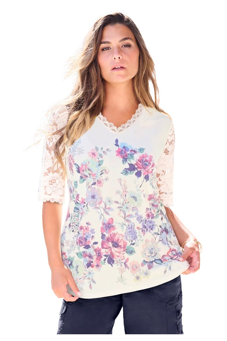 Plus Size Lace Sleeve Printed Tee, Main, color, IVORY BOTANICAL GARDEN