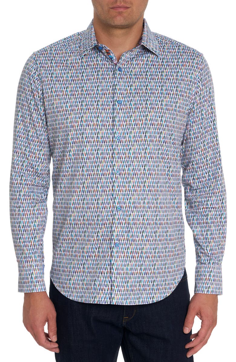 Robert Graham Boo-Yah Geo Print Stretch Cotton Button-Up Shirt, Main, color, White Multi