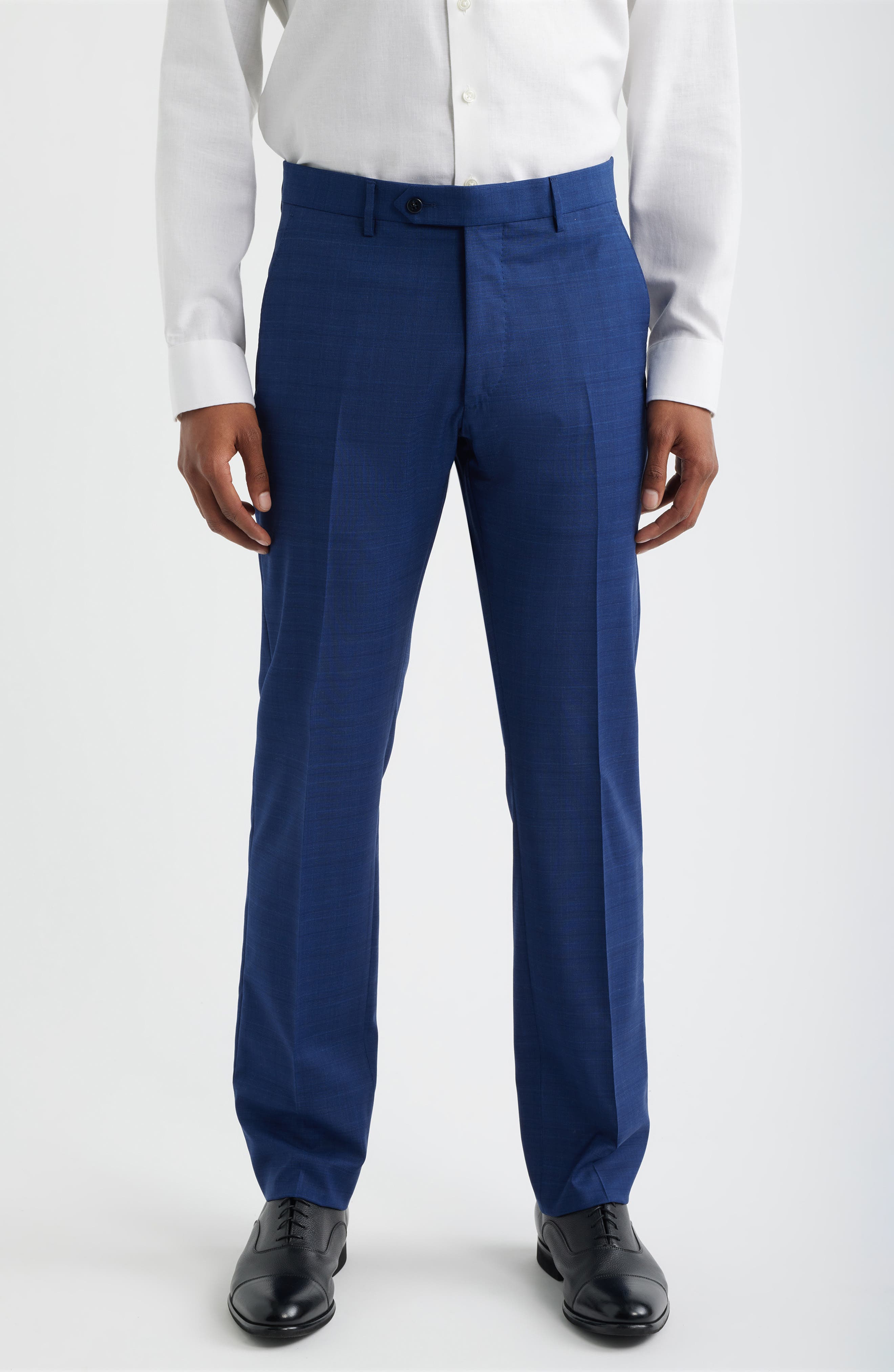 Zanella Noah Navy Glen Check Flat Front Wool & Cotton Dress Pants