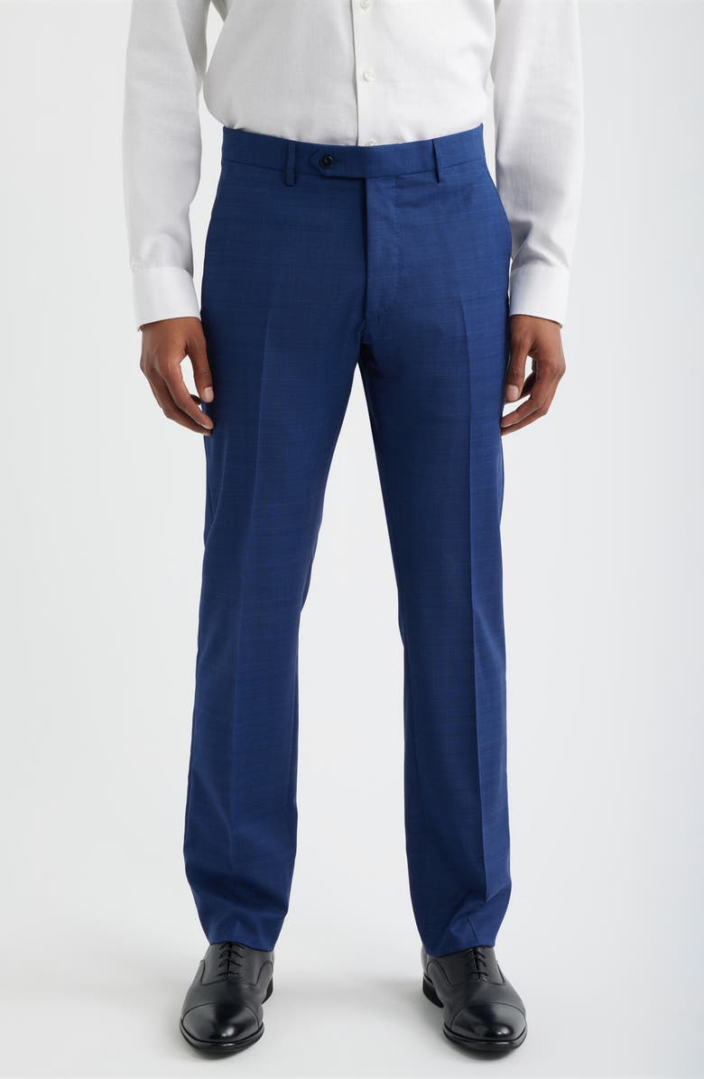 Zanella Noah Navy Glen Check Flat Front Wool & Cotton Dress Pants, Main, color, Navy