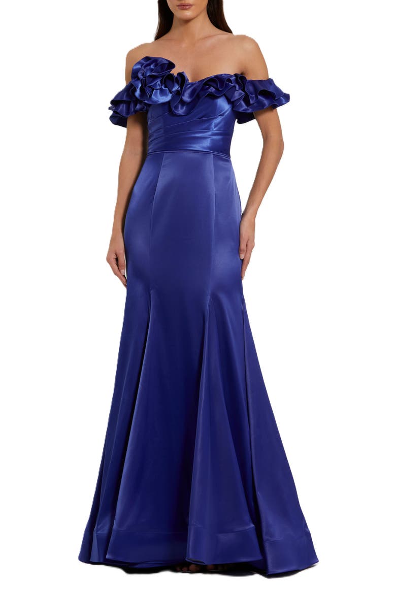 Satin Ruffle Off the Shoulder Mermaid Gown, Main, color, Cobalt
