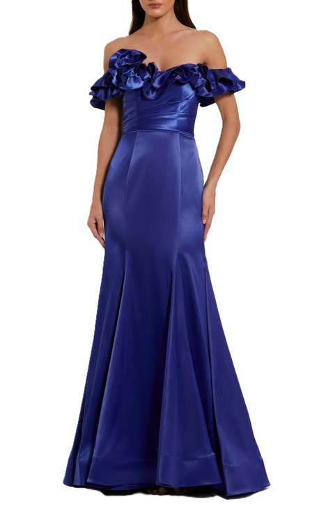 Satin Ruffle Off the Shoulder Mermaid Gown