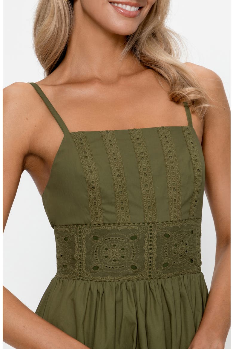 Embroidered Sleeveless Cotton Midi Dress, Alternate, color, KHAKI / BROWN