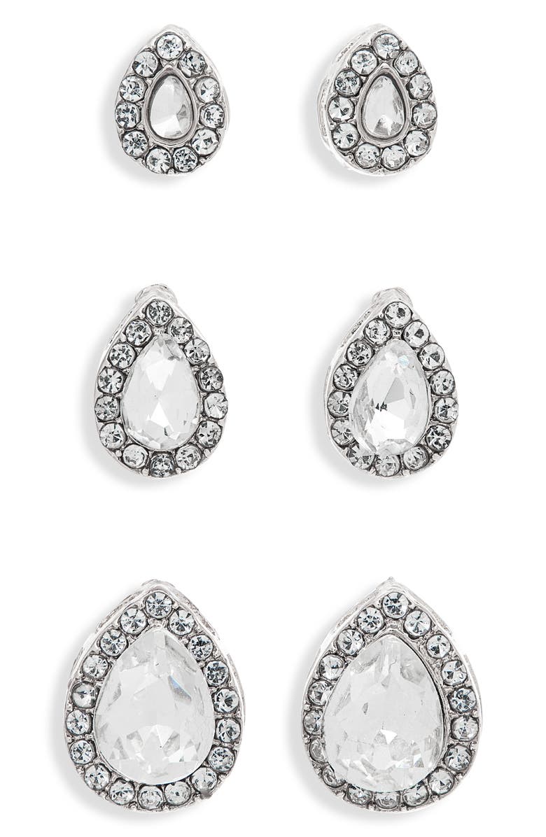 NATASHA Set of 3 Crystal Teardrop Stud Earrings, Main, color, Silver