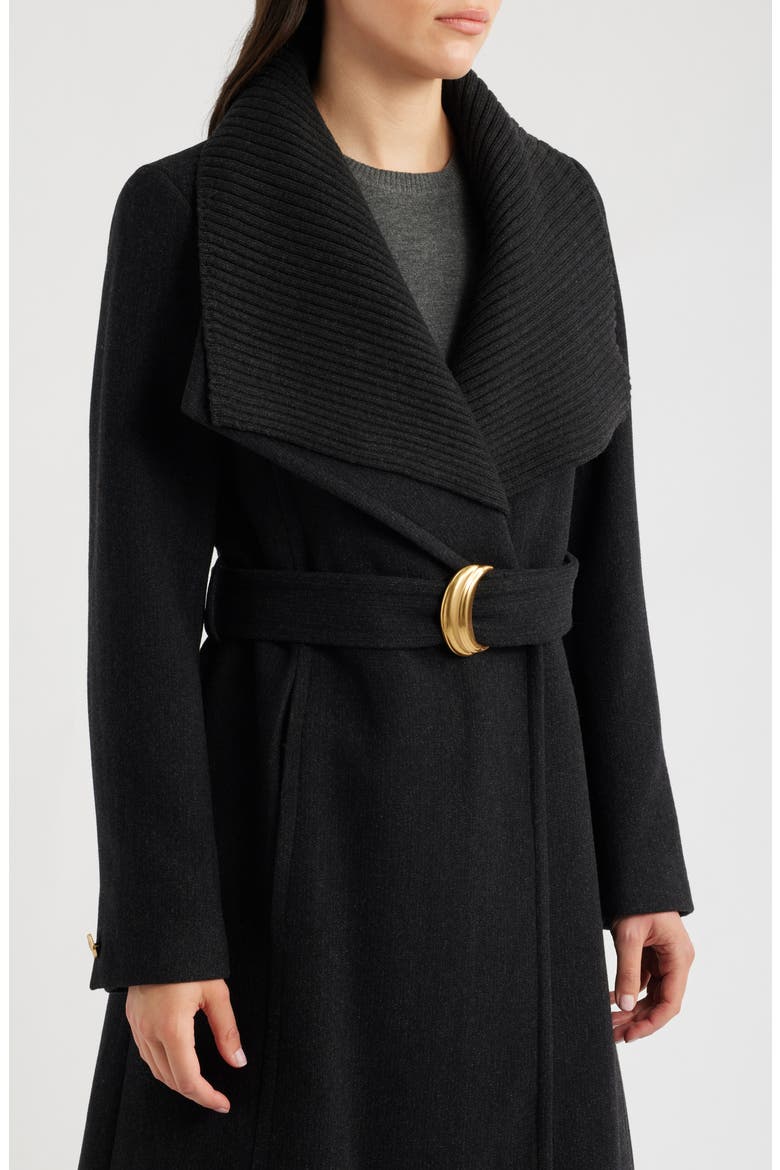 Ribbed Collar Belted Coat, Alternate, color, BLACK