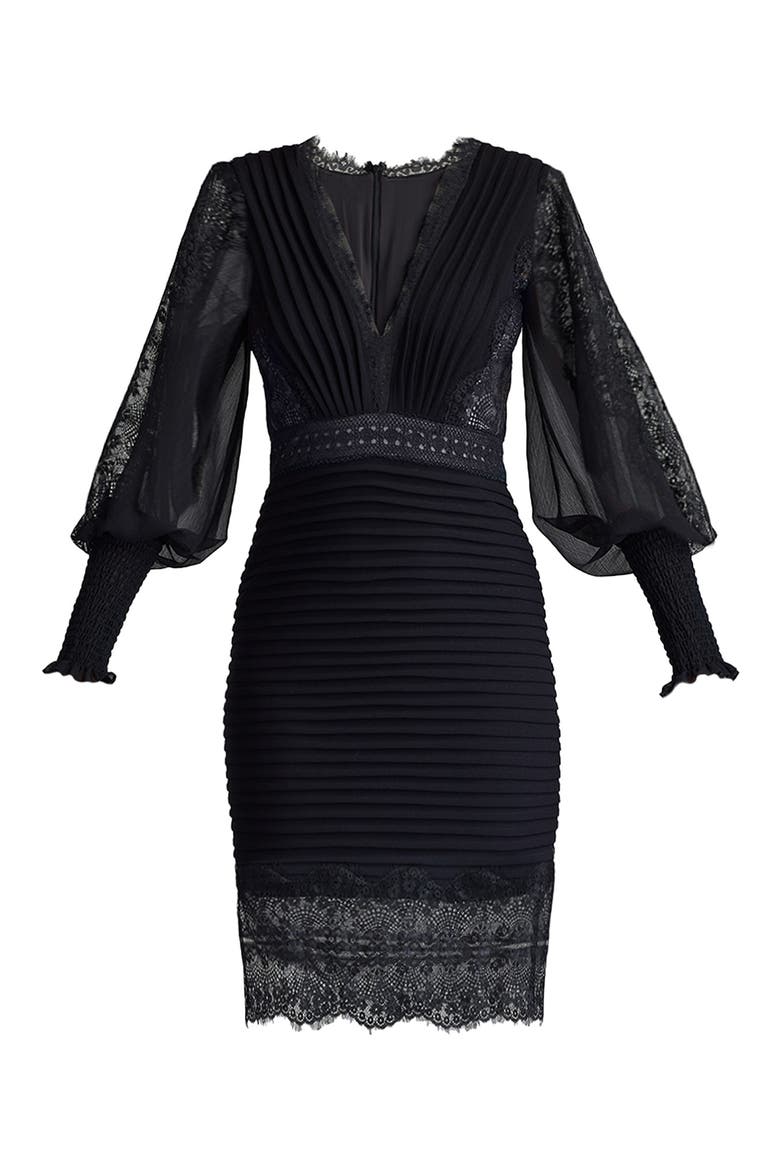 Pleated Lace Long Sleeve Sheath Dress, Alternate, color, BLACK