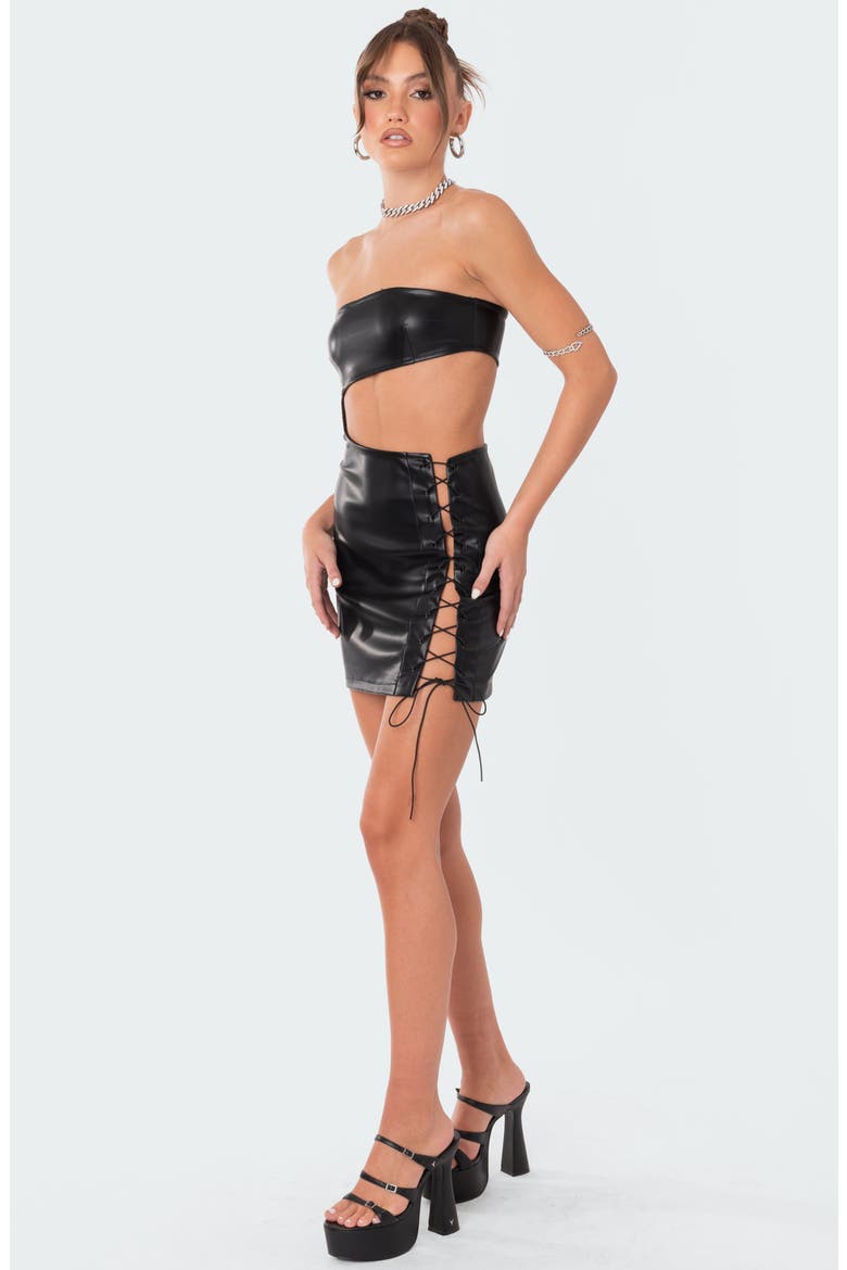 Side Lace-Up Strapless Faux Leather Dress, Alternate, color, BLACK