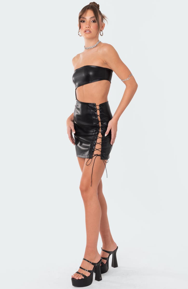 EDIKTED Side Lace-Up Strapless Faux Leather Dress, Alternate, color, 