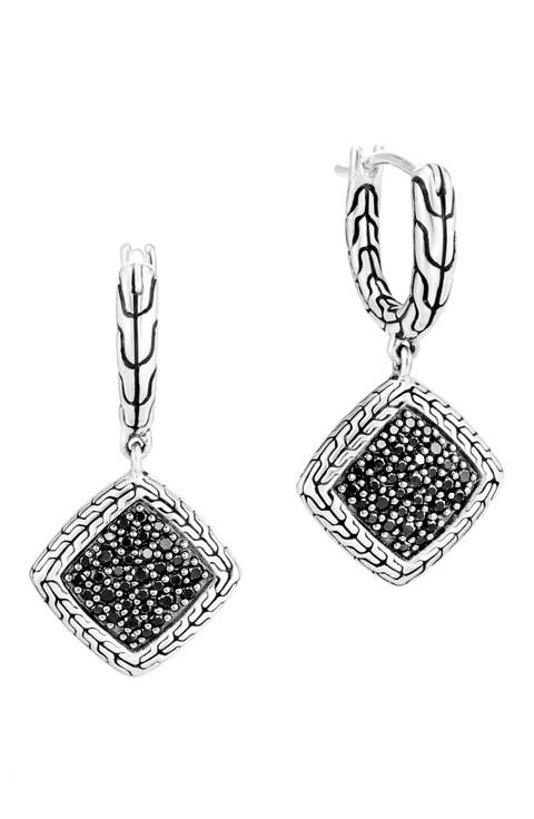 Classic Chain Silver Square Huggie Hoop Drop Earrings