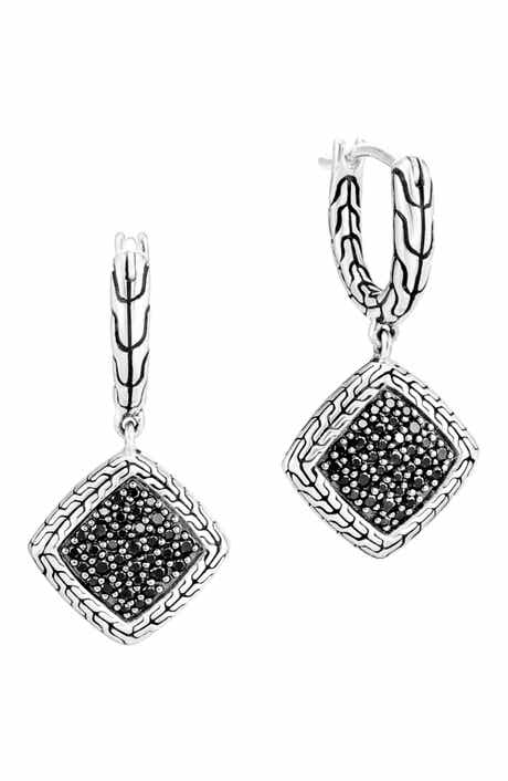 John Hardy Classic Chain Silver Square Huggie Hoop Drop Earrings