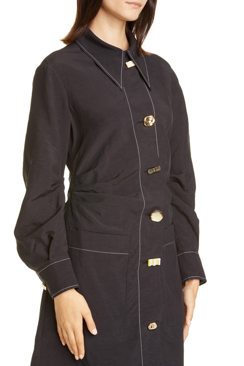 Paula Ruched Long Sleeve Midi Shirtdress, Alternate, color, BLACK