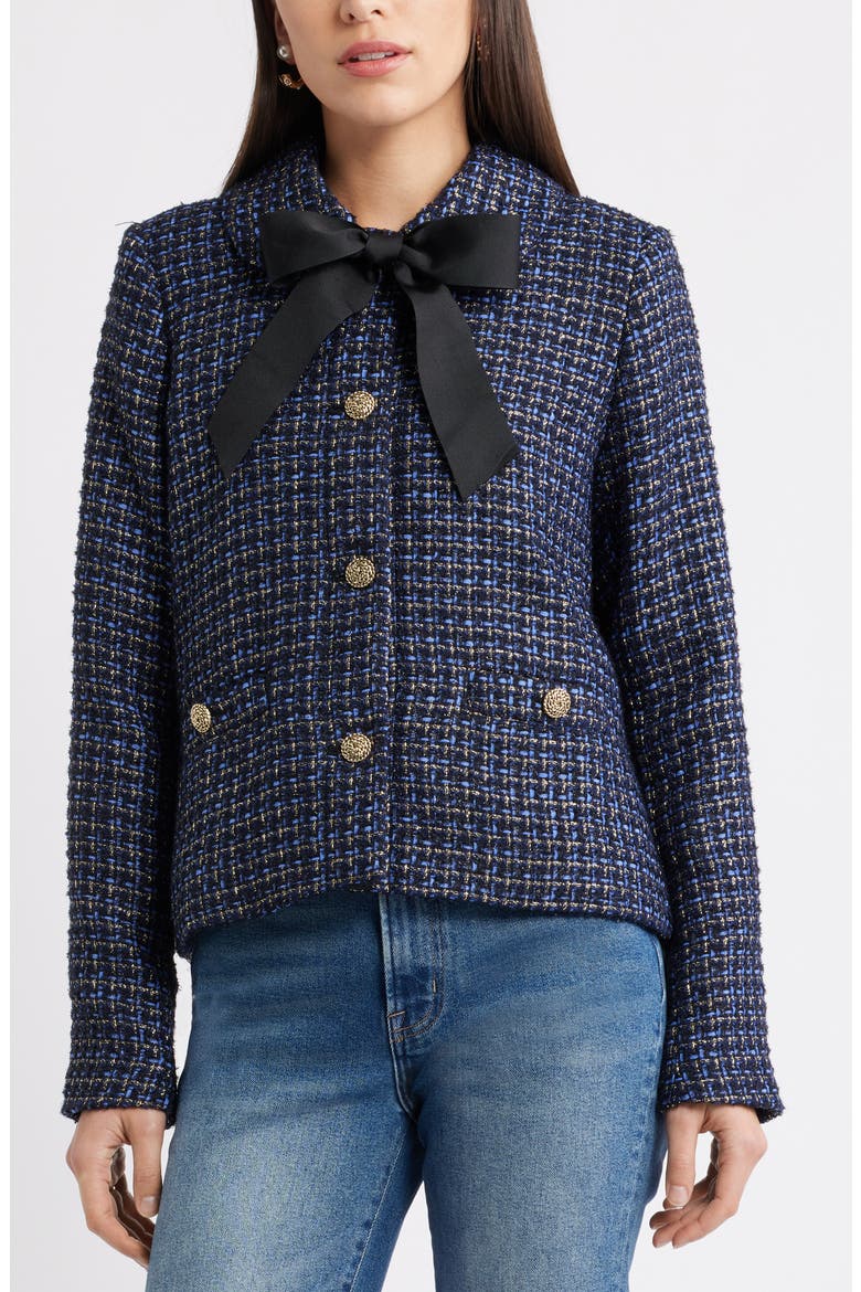 Tweed Bow Jacket, Main, color, NAVY- BLUE TWEED