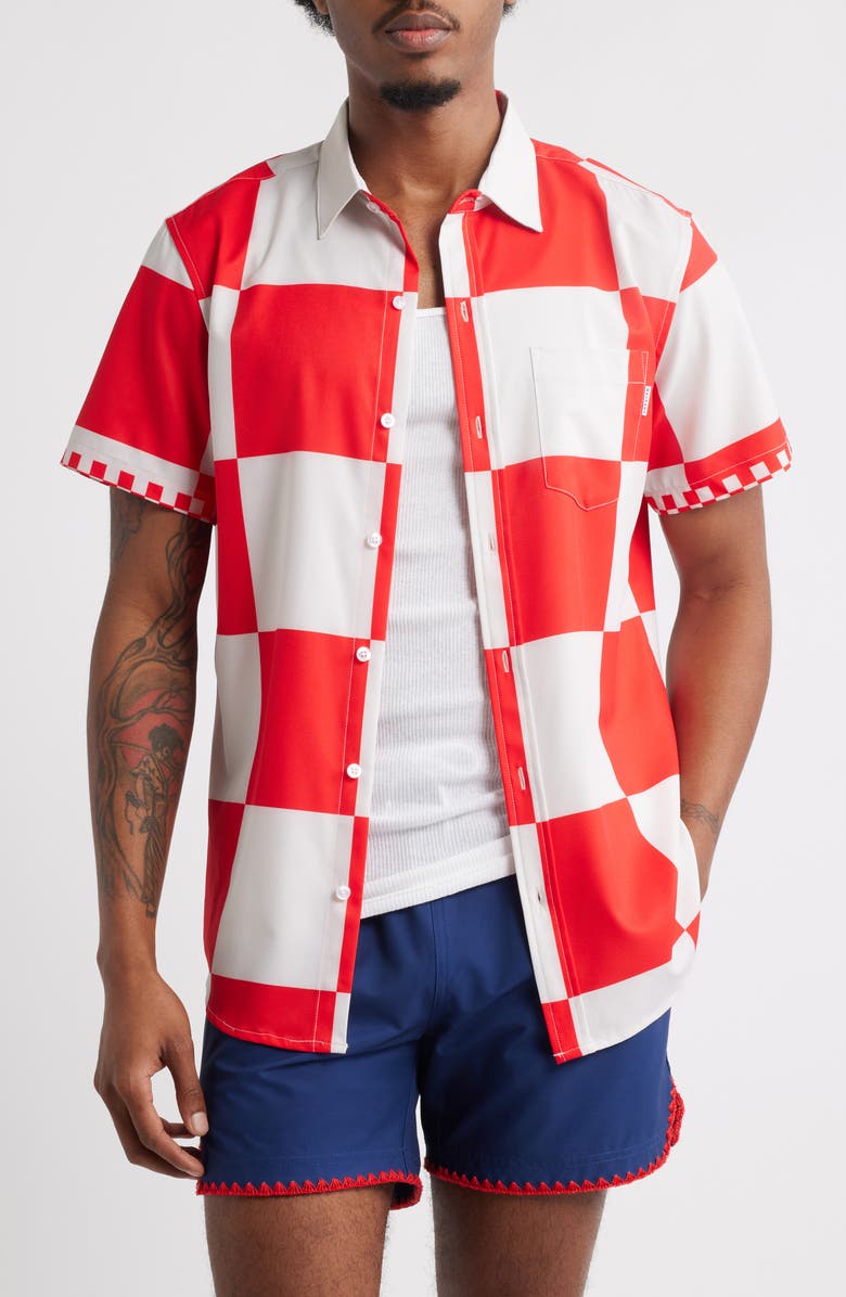 MAVRANS Victory Lap Check Short Sleeve Performance Button-Up Shirt, Main, color, Red/White