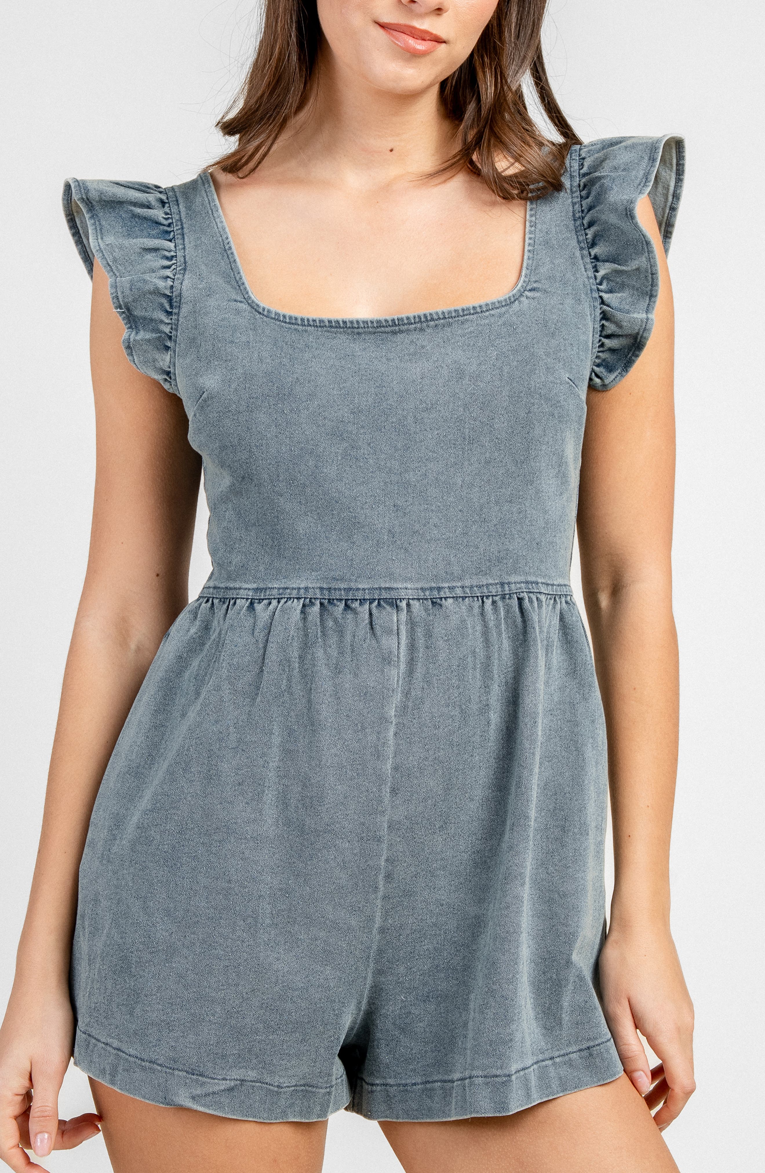Ruffled Shoulder Denim Romper