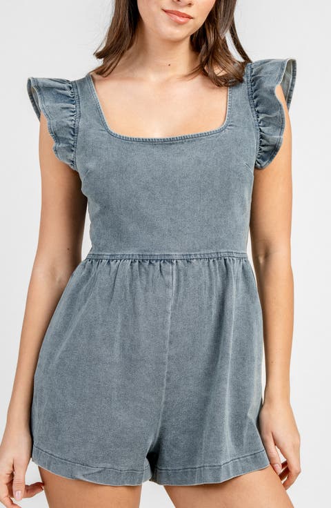 Ruffled Shoulder Denim Romper