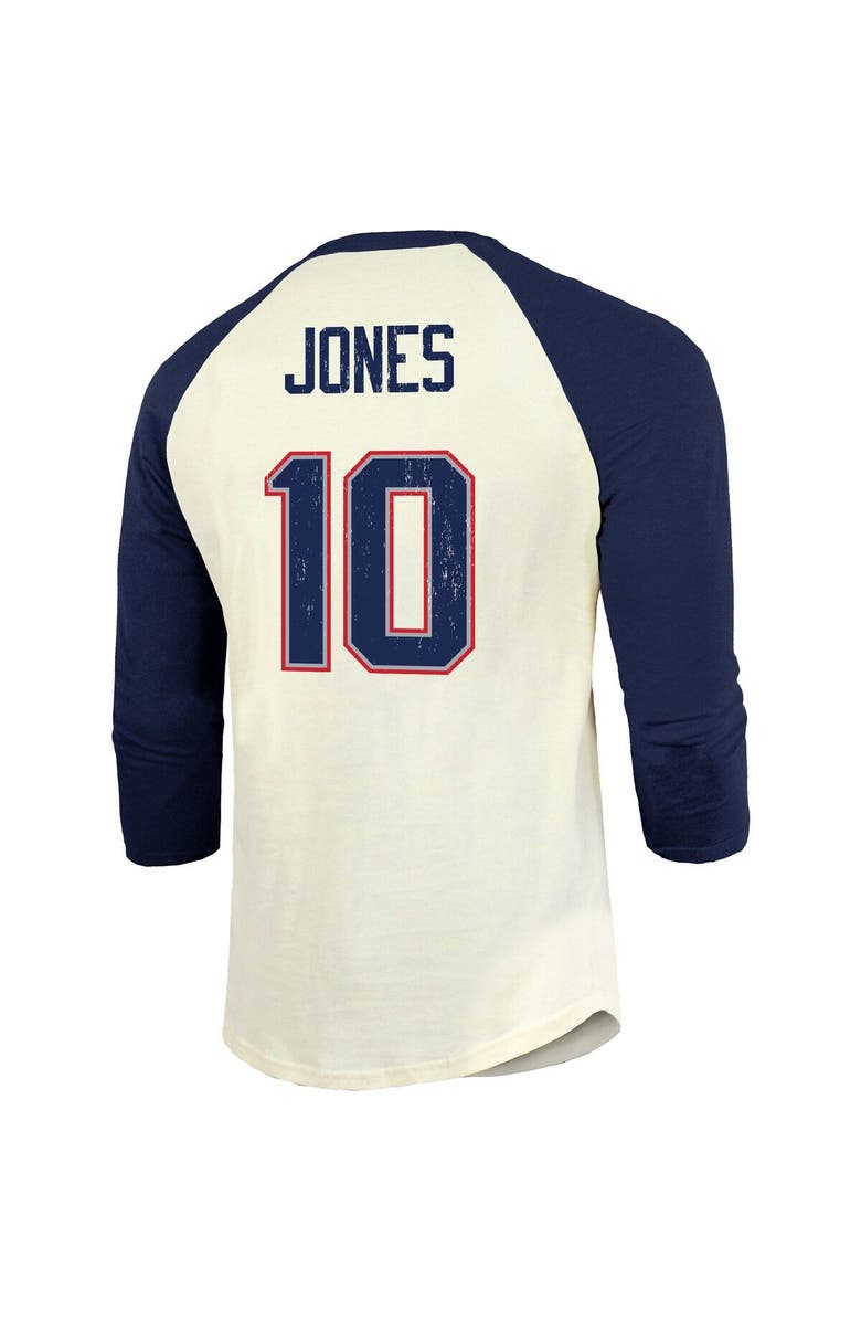 Majestic Threads Men's Majestic Threads Mac Jones Cream/Navy New England Patriots Player Name & Number Raglan 3/4-Sleeve T-Shirt, Alternate, color, 