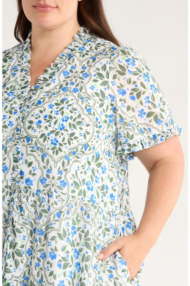 Kara Hilo Floral Tile Print Cotton Shift Dress, Alternate, color, WHITE/ BLUE/ GREEN