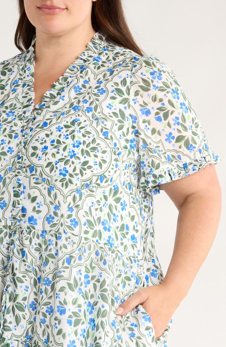 SUGARLIPS Kara Hilo Floral Tile Print Cotton Shift Dress, Alternate, color, White/ Blue/ Green