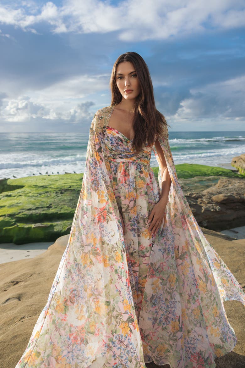 Printed Chiffon Gown With Beaded Cape Sleeves, Alternate, color, Pastel Multi