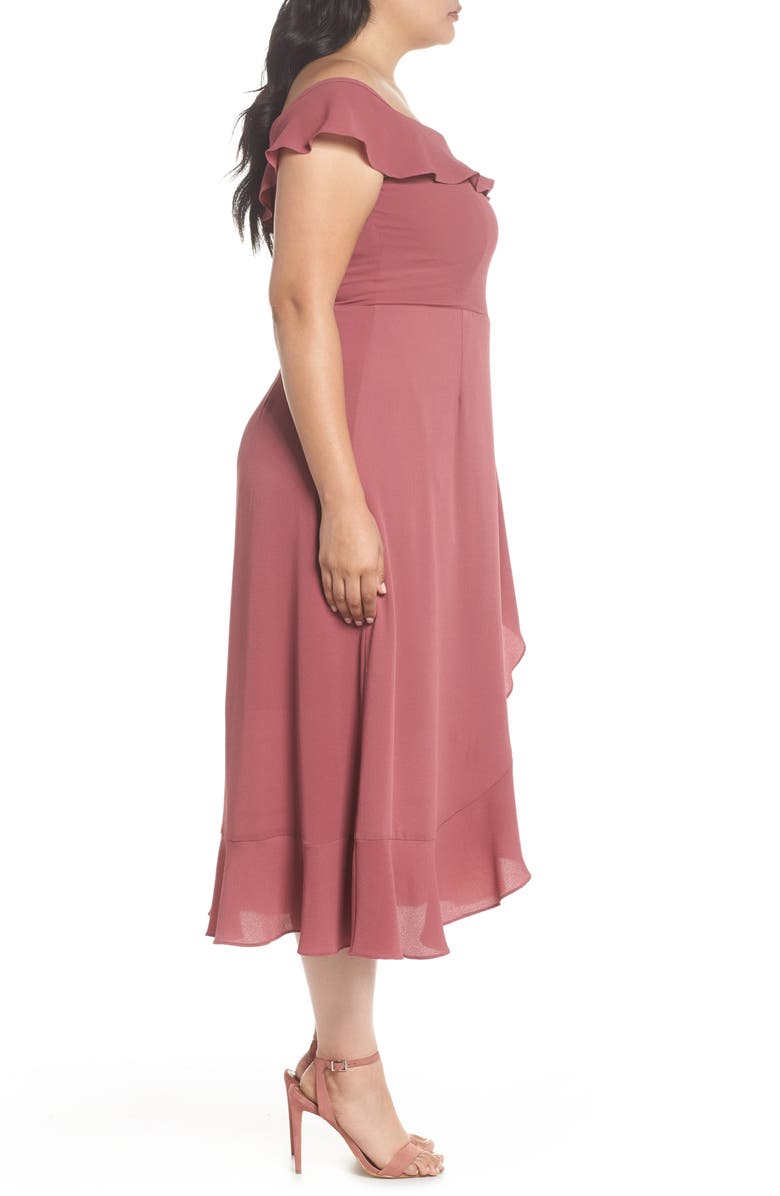 City Chic Off the Shoulder Ruffle High/Low Dress, Alternate, color,