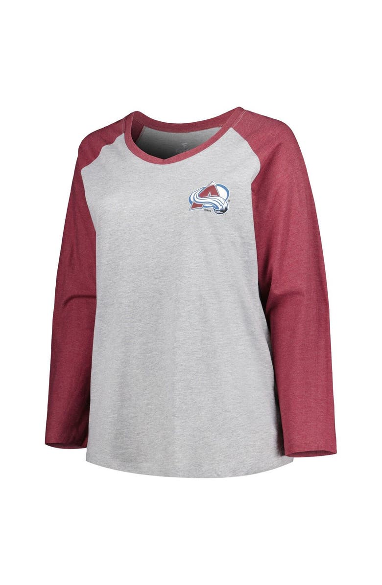 FANATICS Women's Fanatics Branded Nathan MacKinnon Heather Gray/Heather Burgundy Colorado Avalanche Plus Size Name & Number Raglan Long Sleeve T-Shirt, Alternate, color, Heather Gray