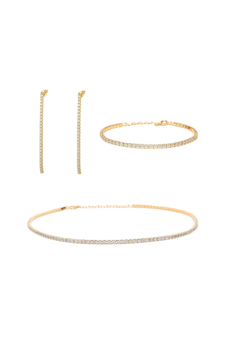 Sterling Silver 18k Gold Plated Cherie Tennis Bracelet, Necklace & Drop Earrings Set, Main, color, Gold