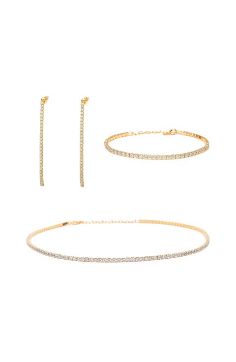 Sterling Silver 18k Gold Plated Cherie Tennis Bracelet, Necklace & Drop Earrings Set Holiday Gift Idea