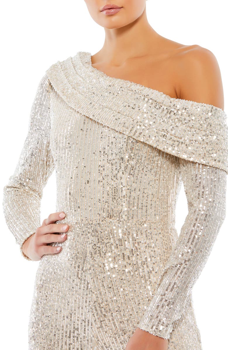 Mac Duggal Sequin One-Shoulder Long Sleeve Jumpsuit, Alternate, color, 
