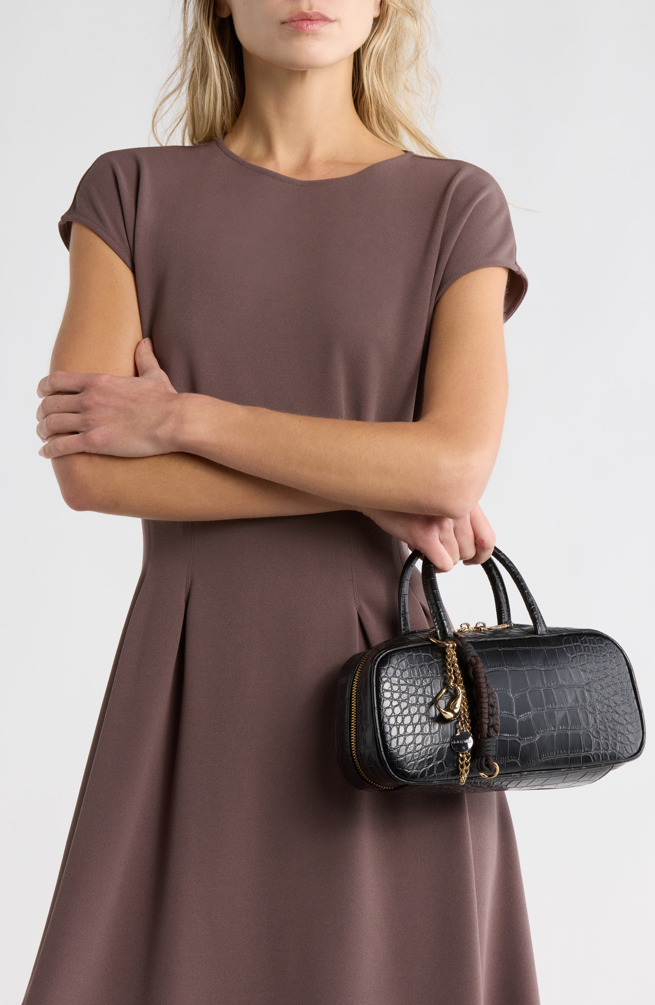 Dolce Vita Flyn Croc Embossed East/West Handbag, Alternate, color, Black