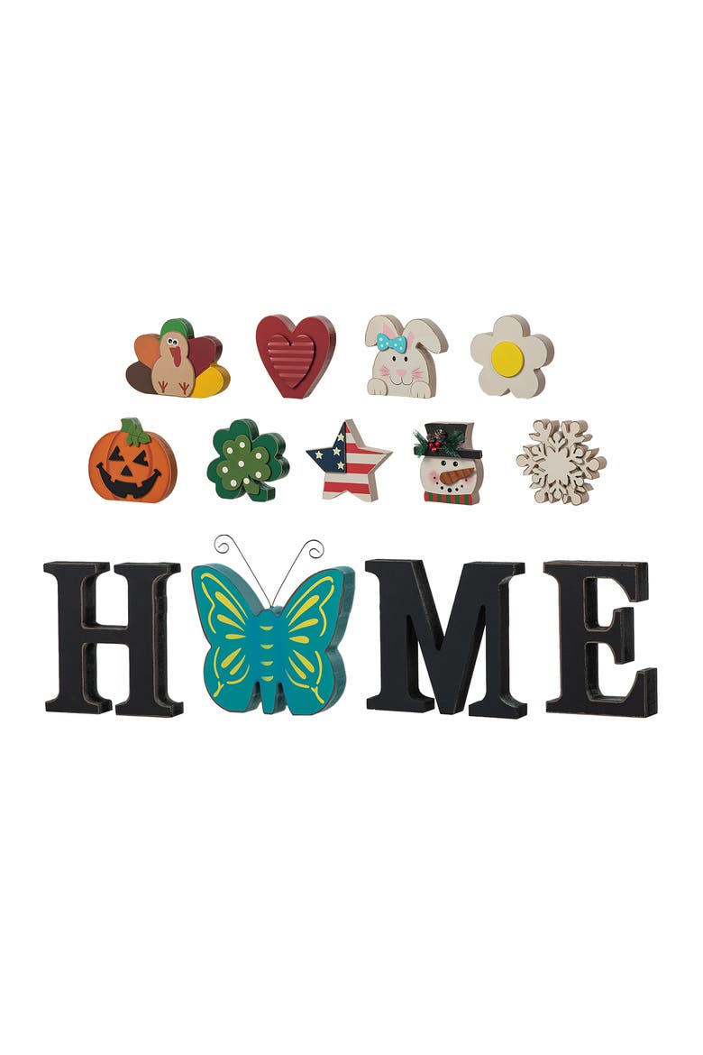 13-Pieces Wooden Interchangeable HOME Tabletop Sign with Seasonal Icons, Main, color, Black
