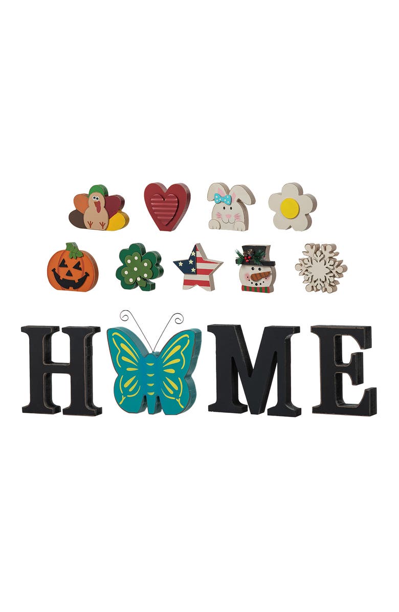 Glitzhome 13-Pieces Wooden Interchangeable HOME Tabletop Sign with Seasonal Icons, Main, color, Black