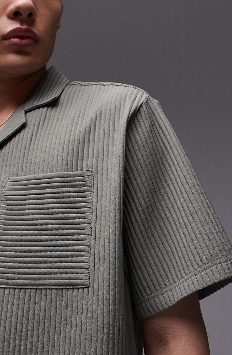 Topman Ottoman Knit Camp Shirt, Alternate, color, Khaki