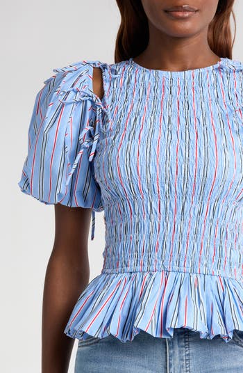 Becca Stripe Cutout Smocked Organic Cotton Peplum Top