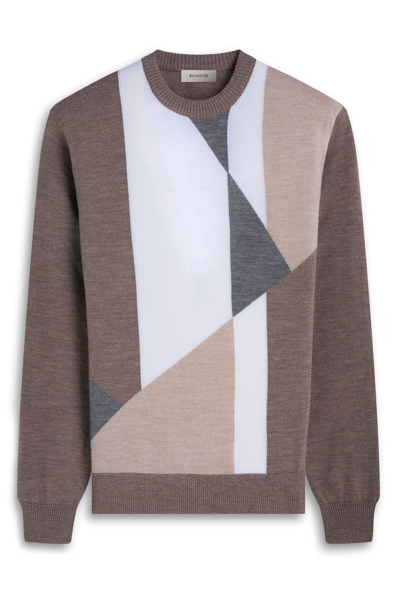 Bugatchi Geometric Pattern Merino Wool Crewneck Sweater, Alternate, color, Walnut