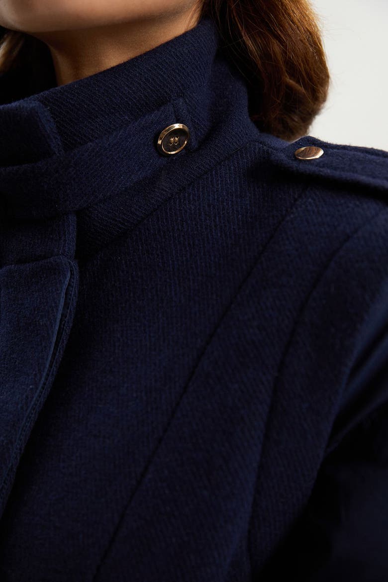 Wool High Neck Puffer Belted Midi Coat, Alternate, color, Navy